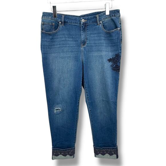 Chico's The Platinum ankle jeans size 12 embroidered lace cuff crop blue denim - Picture 1 of 8